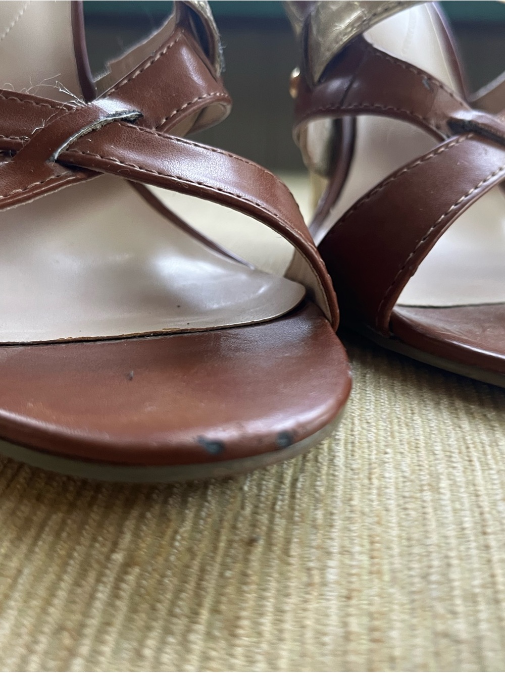 Women’s Brown Leather Strappy Heeled Sandals with Gold Accent - Picture 8 of 9